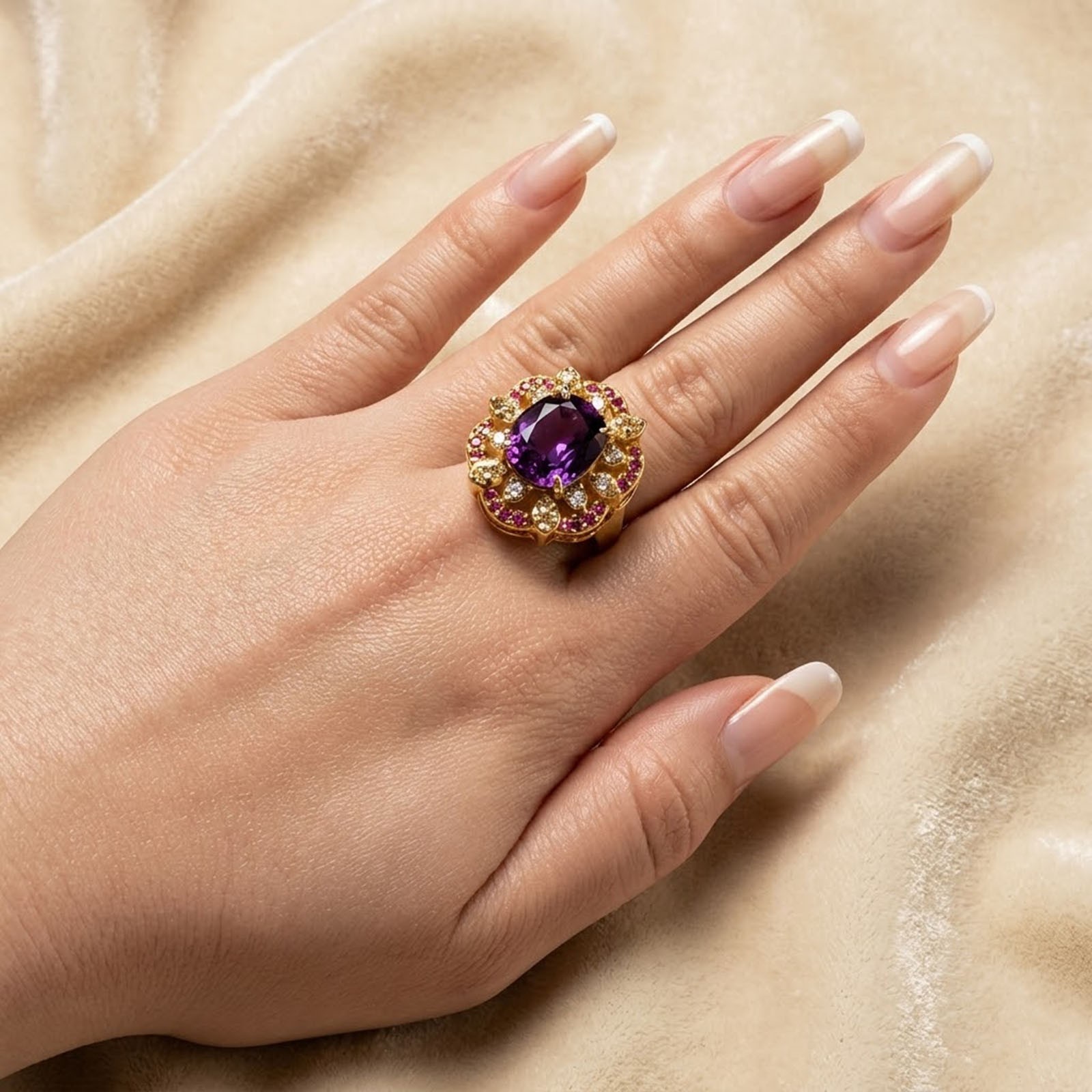 24K Gold 925 Sterling Silver Floral Rings Dazzling Blue Purple Sapphire 7.85Ct