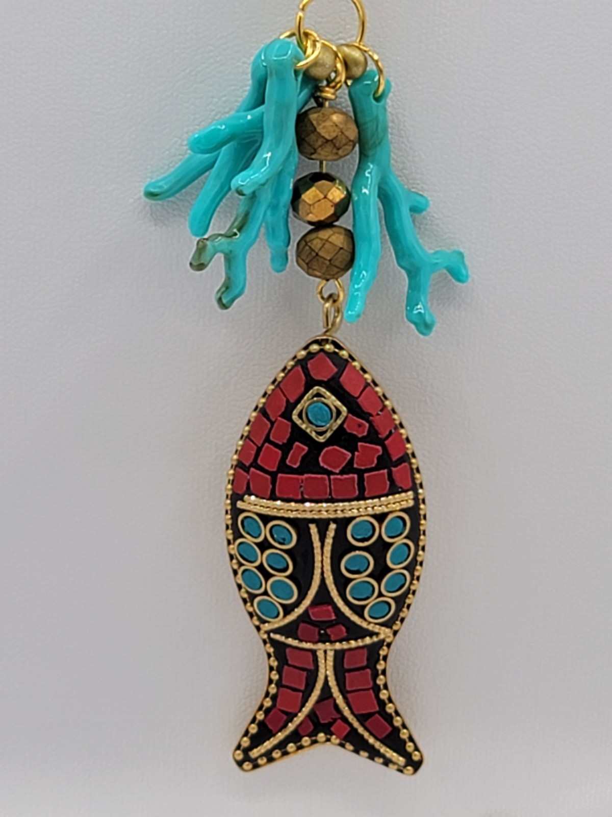 Red Turquoise Black Gold Beaded Necklace Fish Charm Pendant Lobster Clasp
