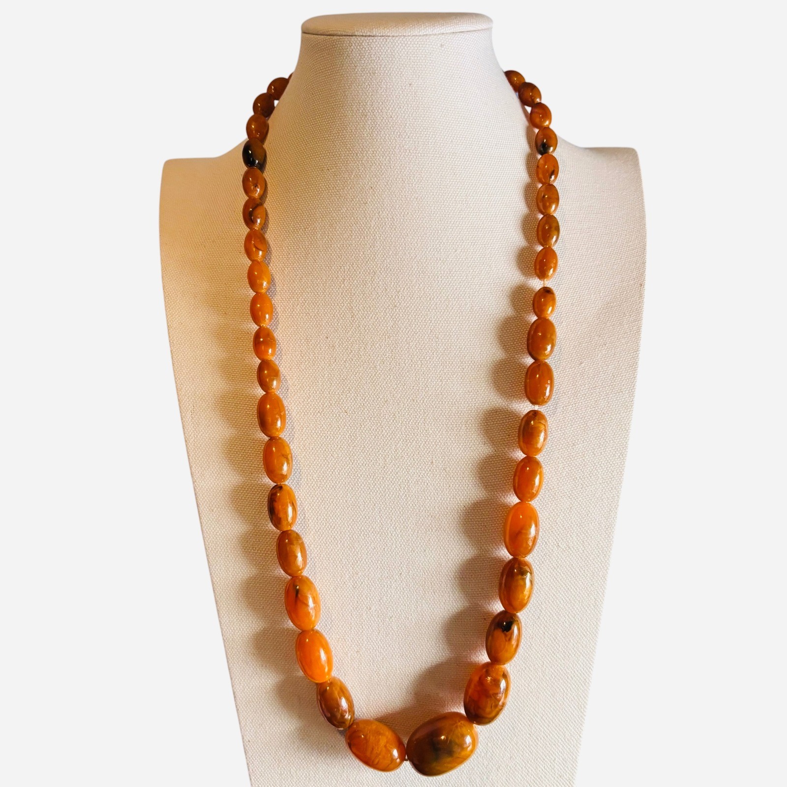 Vintage Faux Amber Graduated Bead Necklace Honey Cognac Marbled Statement 24 In