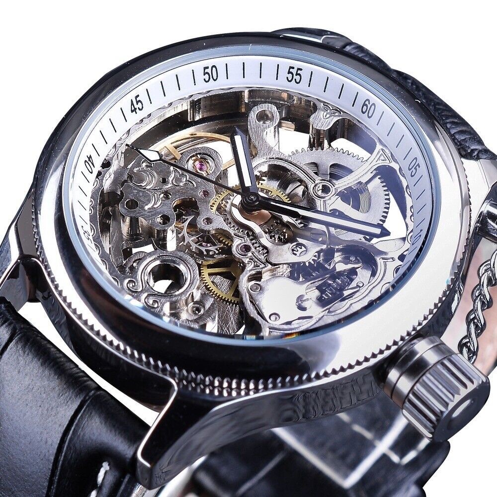 Automatic Mechanical Men Watch Silver Skeleton Transparent Dial Leather Band