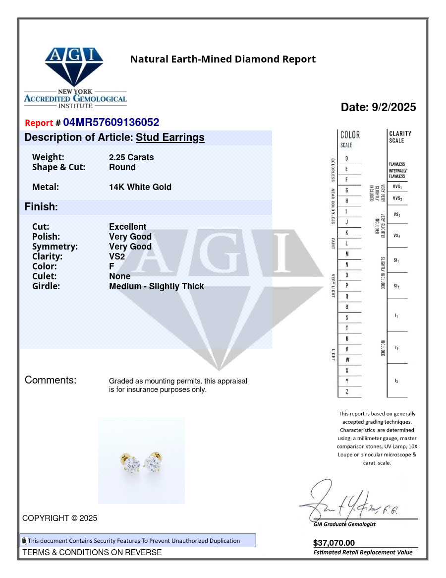 Solid 14K White Gold Stud Earrings Classic 2.25 CT Round Natural Diamond F VS2