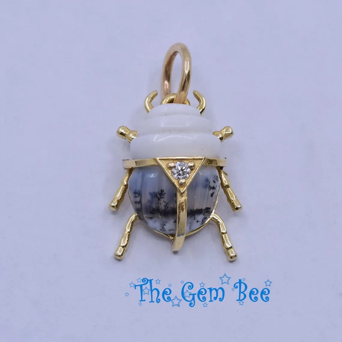 13.5mm 14k Solid Yellow Gold Diamond Dendrite Agate Scarab Beetle Charm Pendant