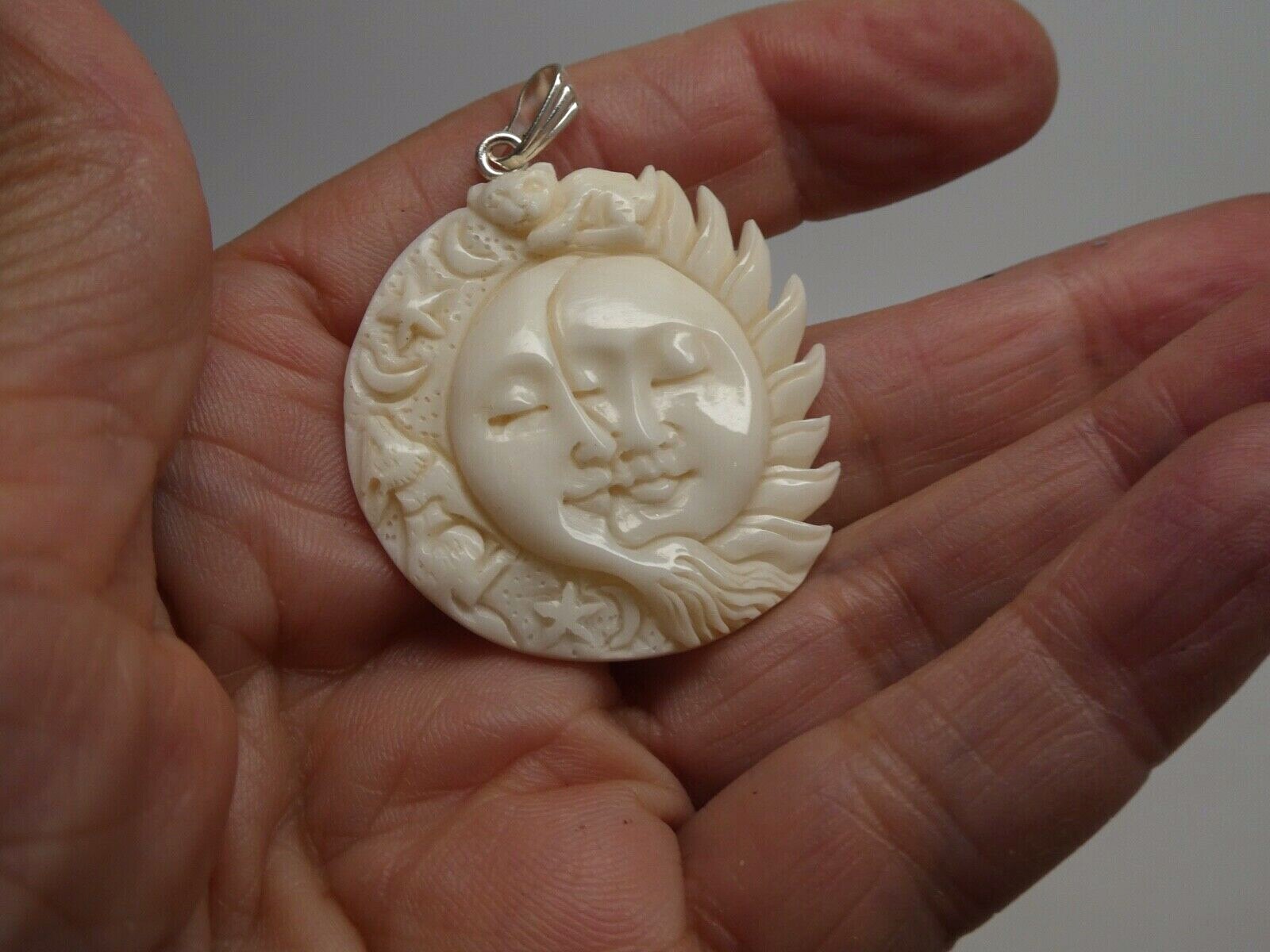 Moon Sun Stars Wolf Cat Lucky Totem Water Buffalo Bone 35mm Round Pendant Amulet
