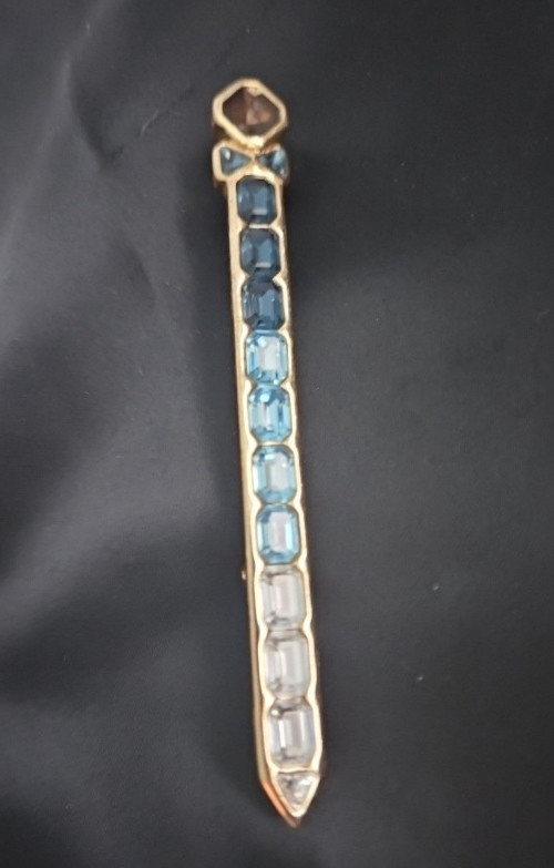 Rare Authentic Vintage Christian Dior Gradient Blue Ombre Rhinestone Bar Brooch