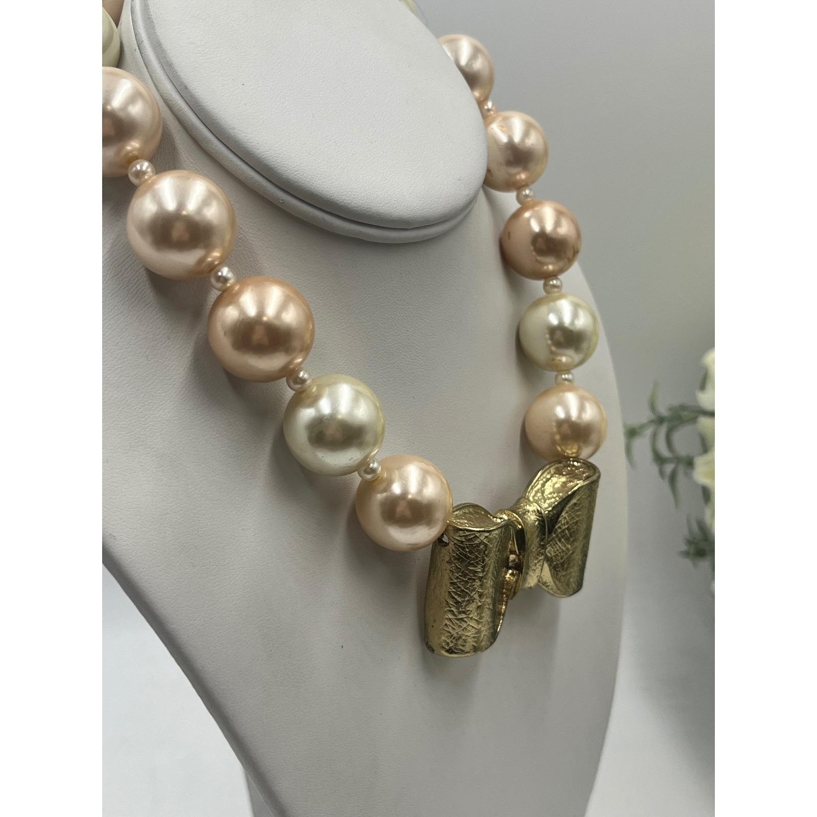 Lucia Vintage Large Faux Cream champagne Pearl Gold Tone Bow Collar Necklace
