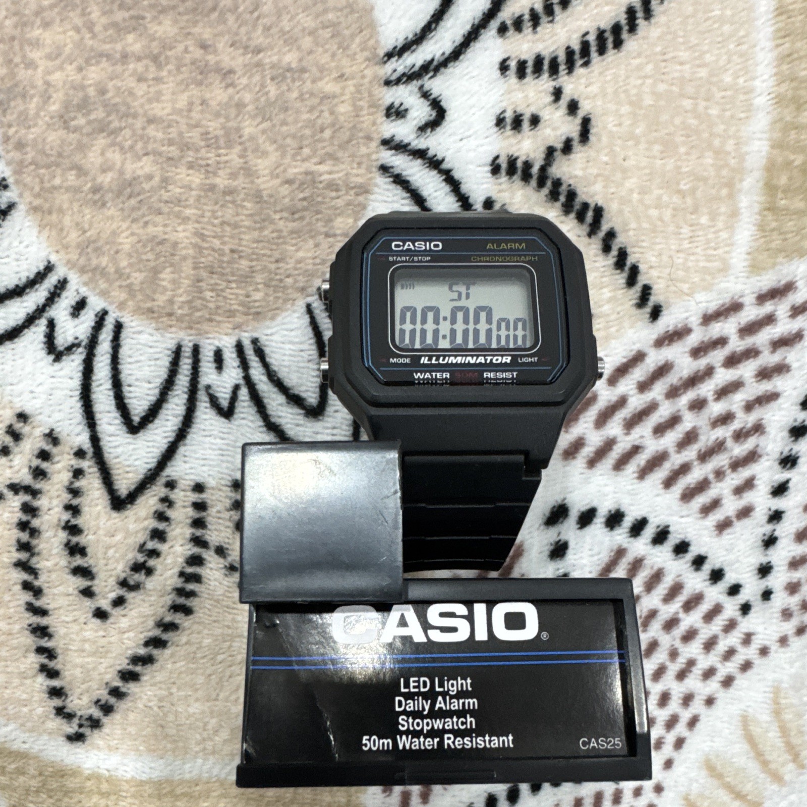 Casio Illuminator Digital Quartz Alarm Chrono Stopwatch 50m Black Resin w/ Box