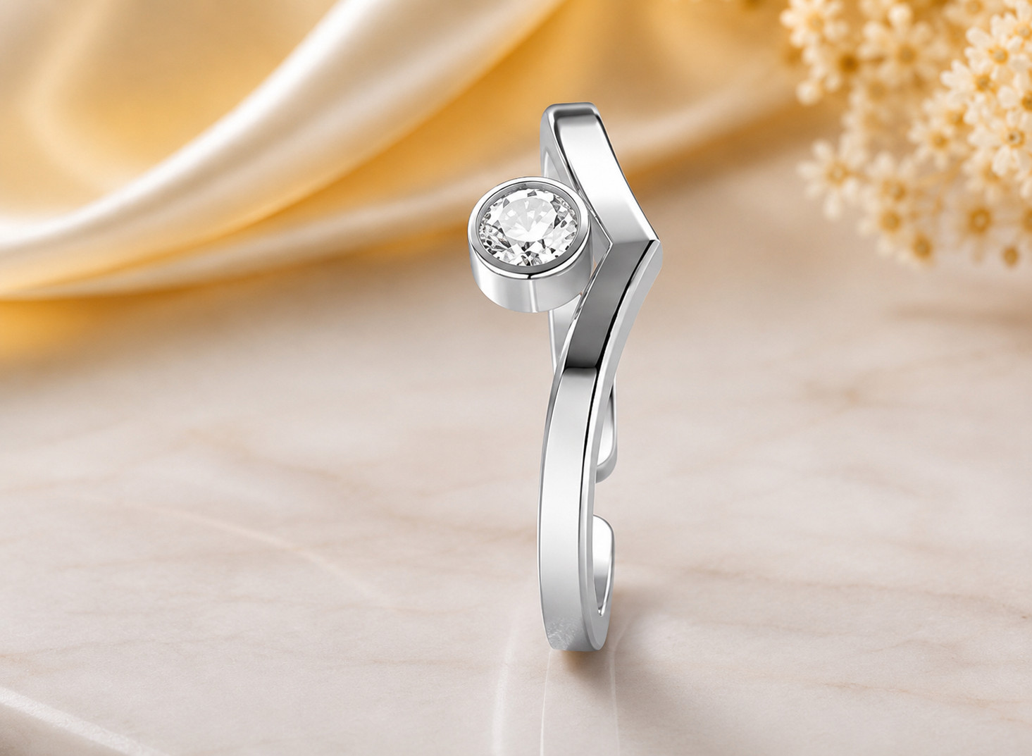 925 Sterling Silver Open V Ring Round White Topaz Bezel Set Minimalist Ring
