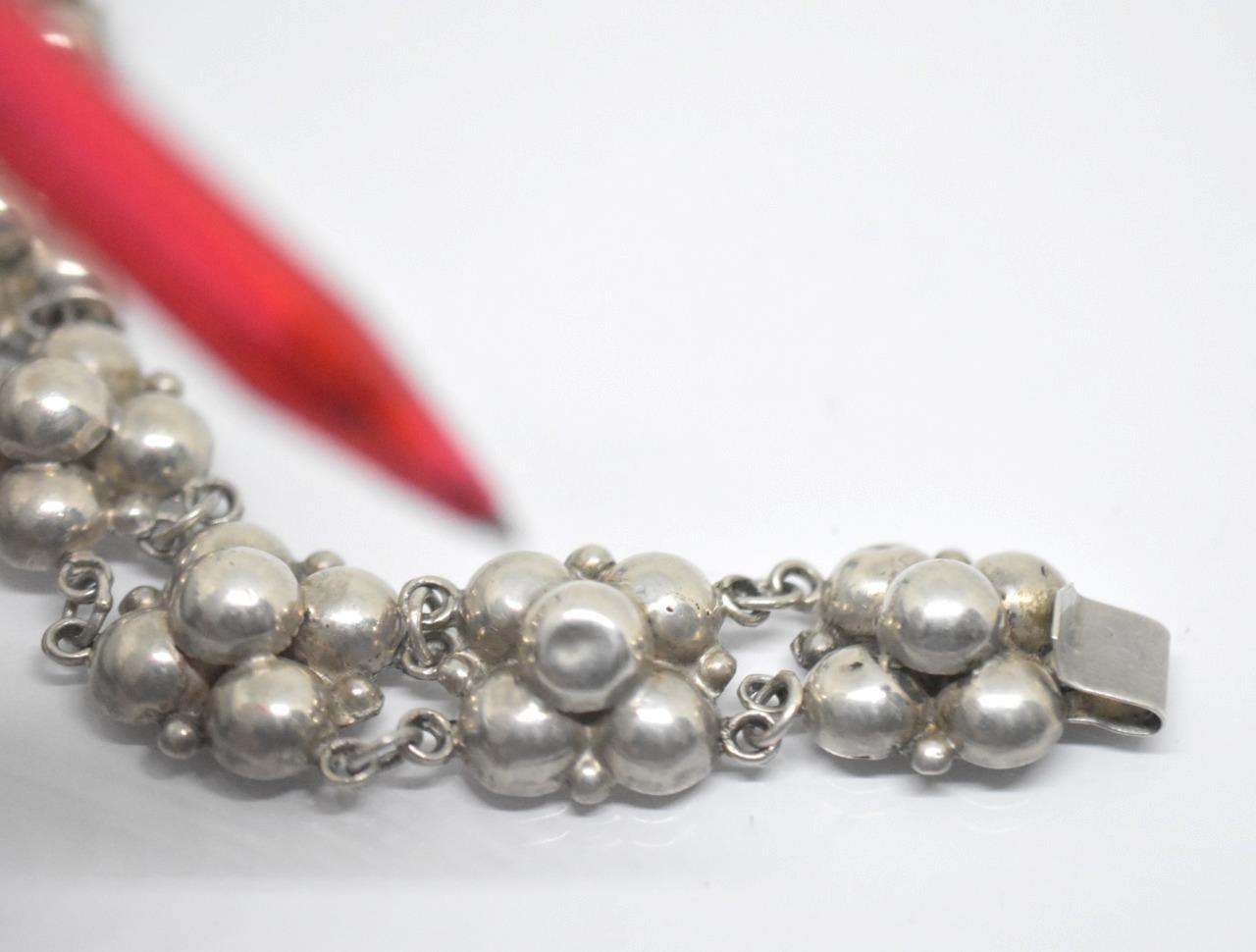 Vintage Mexico Modernist Hollow Puffy Bead 22.9MM Panel Silver Bracelet 6.75″