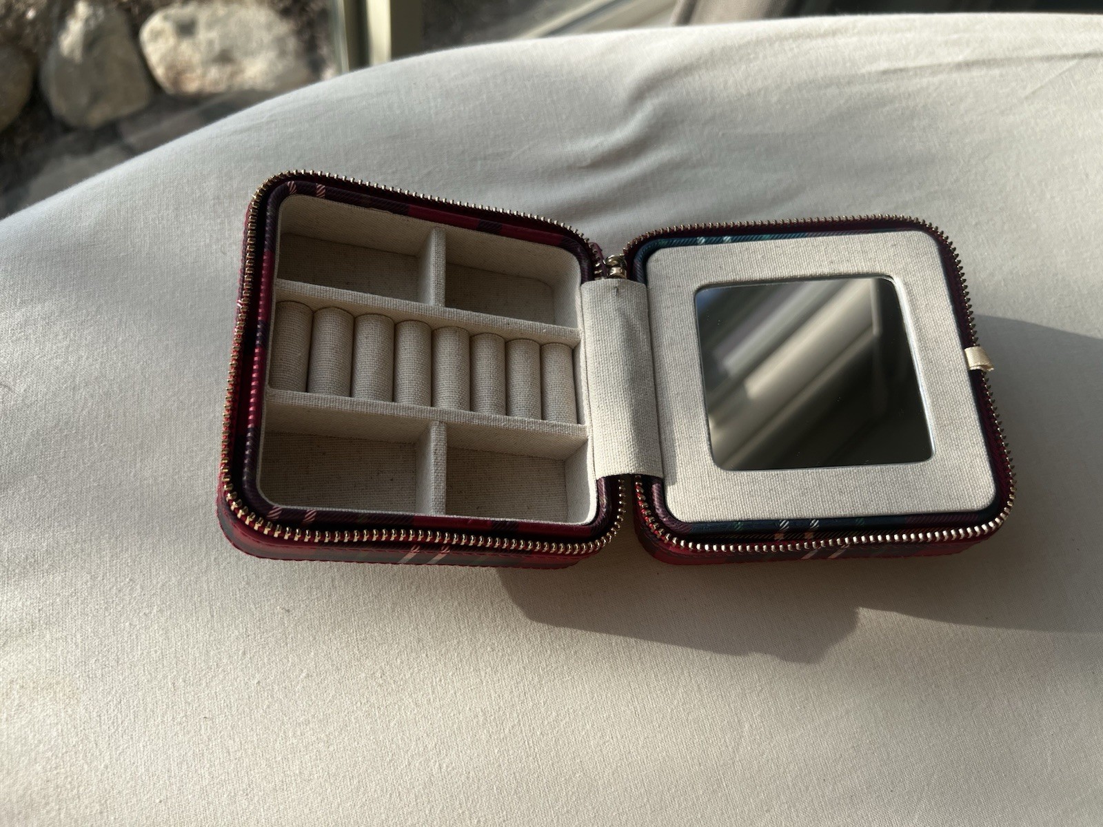Mark & Graham Plaid Travel Jewelry Case Zip-Around w/ Mirror Faux Leather