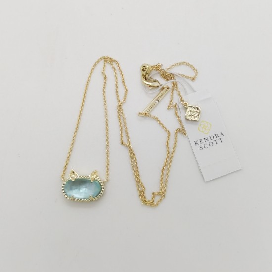 New Kendra Scott Elisa Gold Cat Kitty Pendant Necklace In Light Blue Illusion