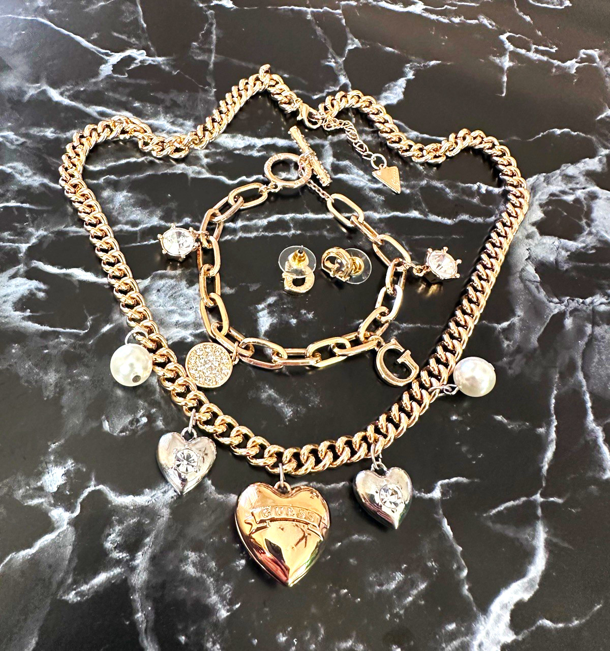 GUESS Gold Tone Jewelry Lot – Curb Chain Necklace, Toggle Bracelet, Earrings
