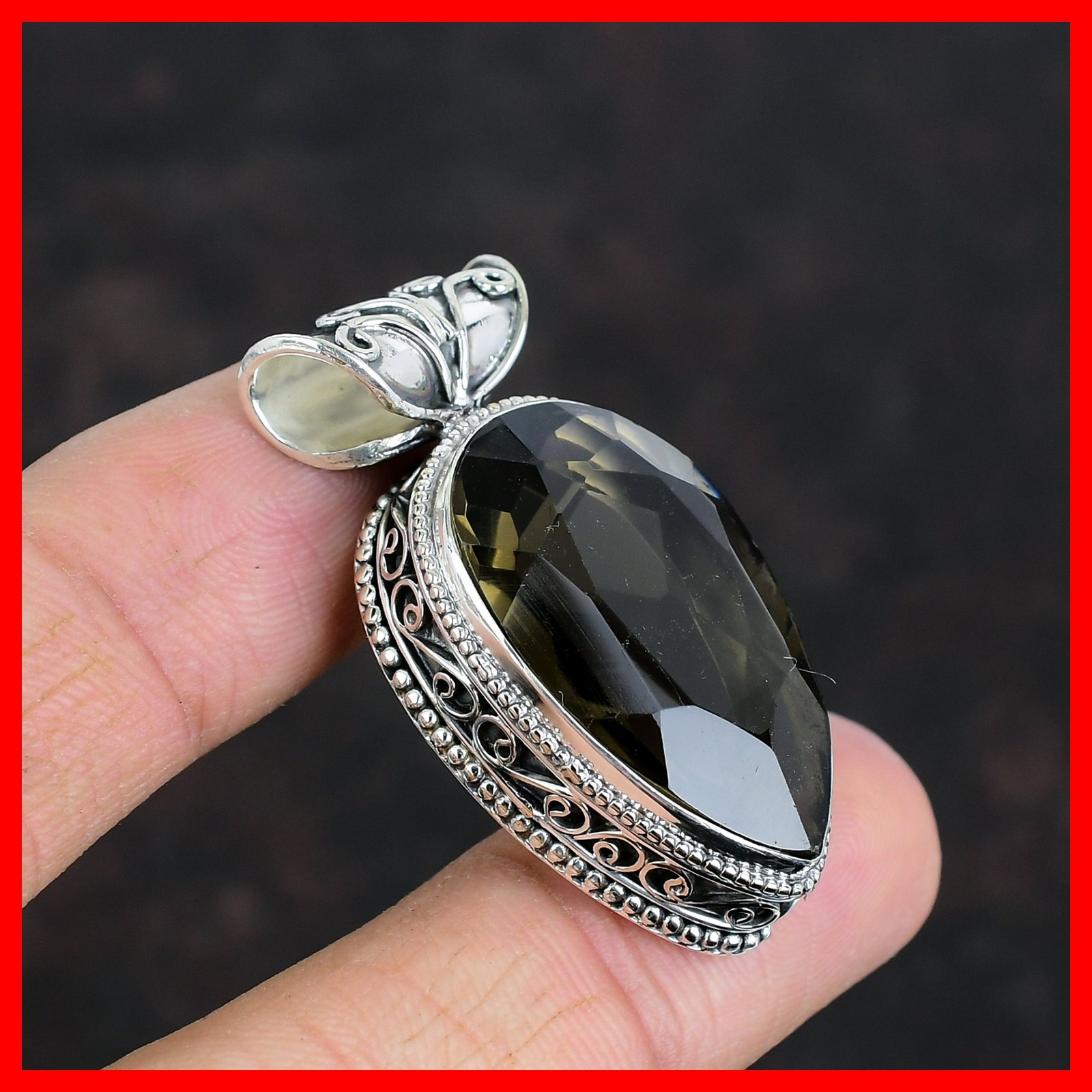Pear Smoky Quartz Stone 925 Silver Wife New Vintage Anniversary Artisan Pendant