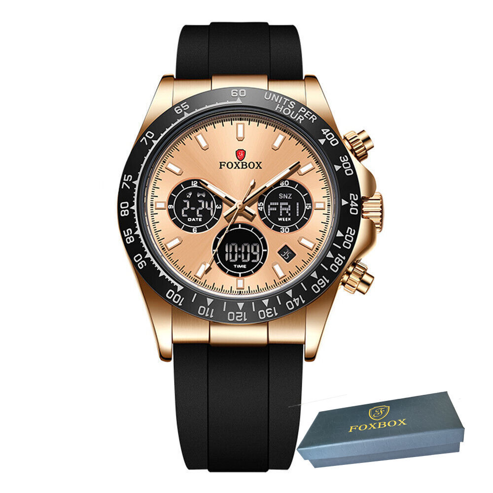 LIGE FOXBOX Men Quartz Watches Silicone Chronograph Digital Sport Wristwatch