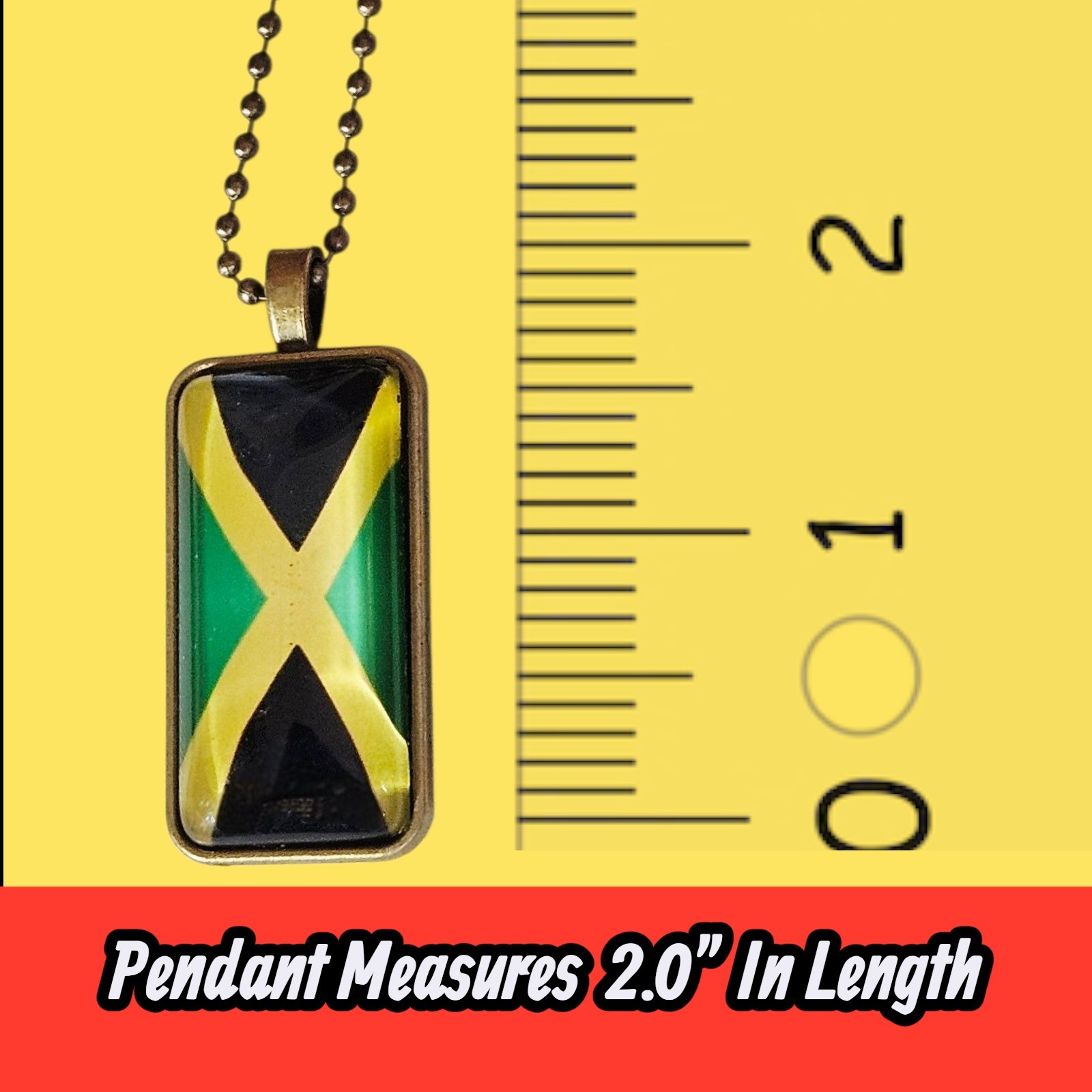 Bronze Plated Jamaica Rectangle Flag Pendant w/ 24″ Beaded Necklace Chain