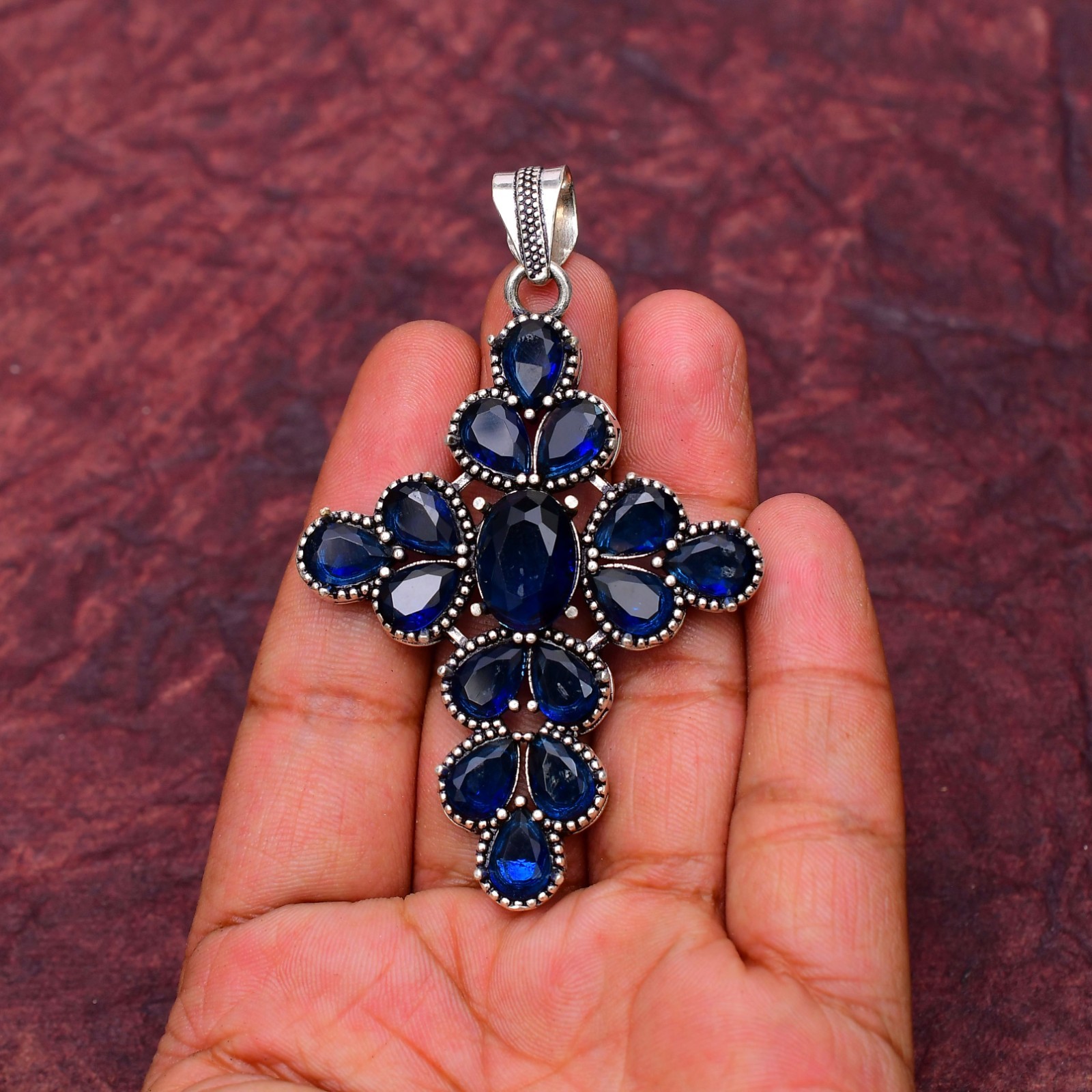 Blue Sapphire(Lab-Created) Gemstone 925 sterling silver Handmade Pendant : 2.75″