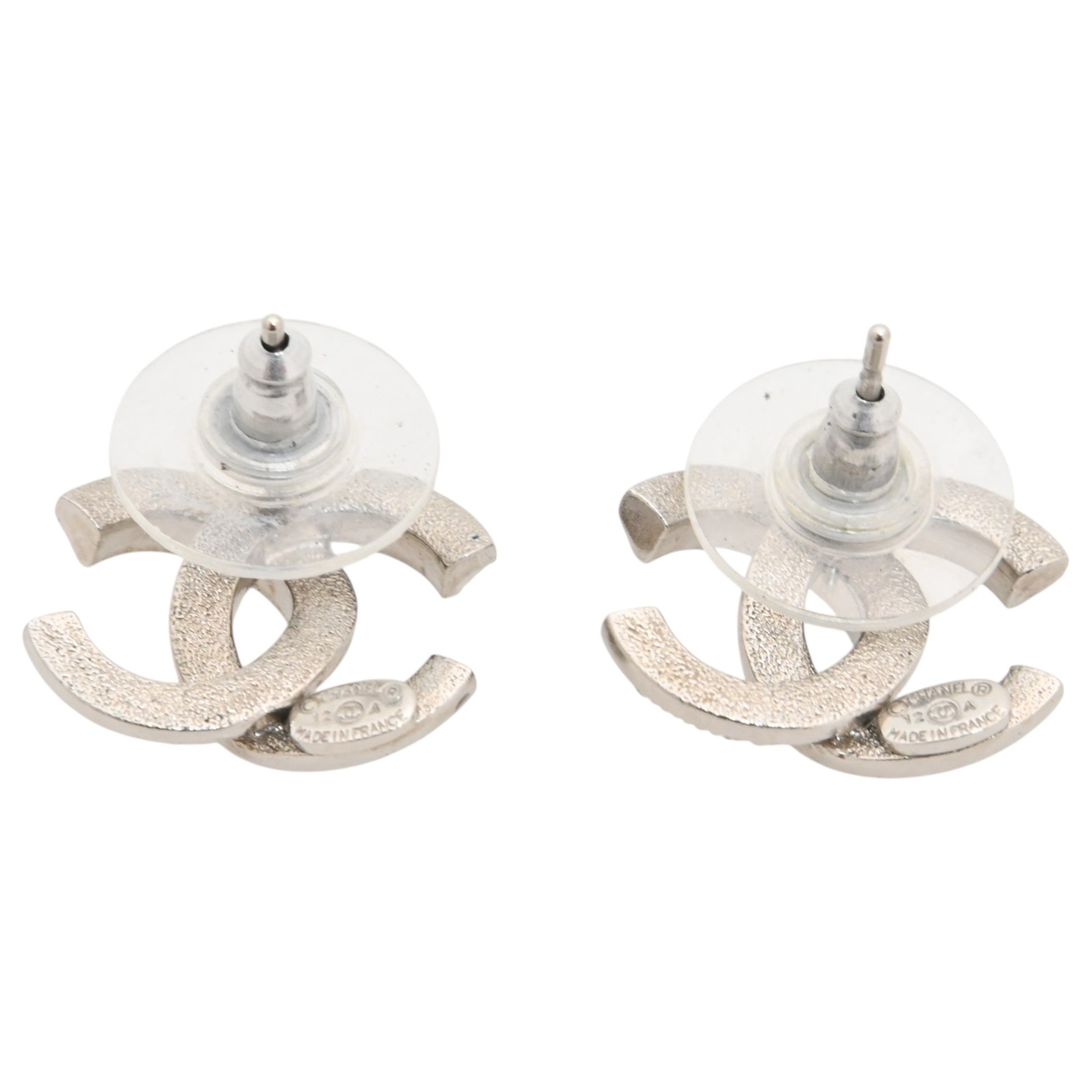 Auth Chanel Coco Mark Stone Logo Pierced Earrings Silver ch8854ed