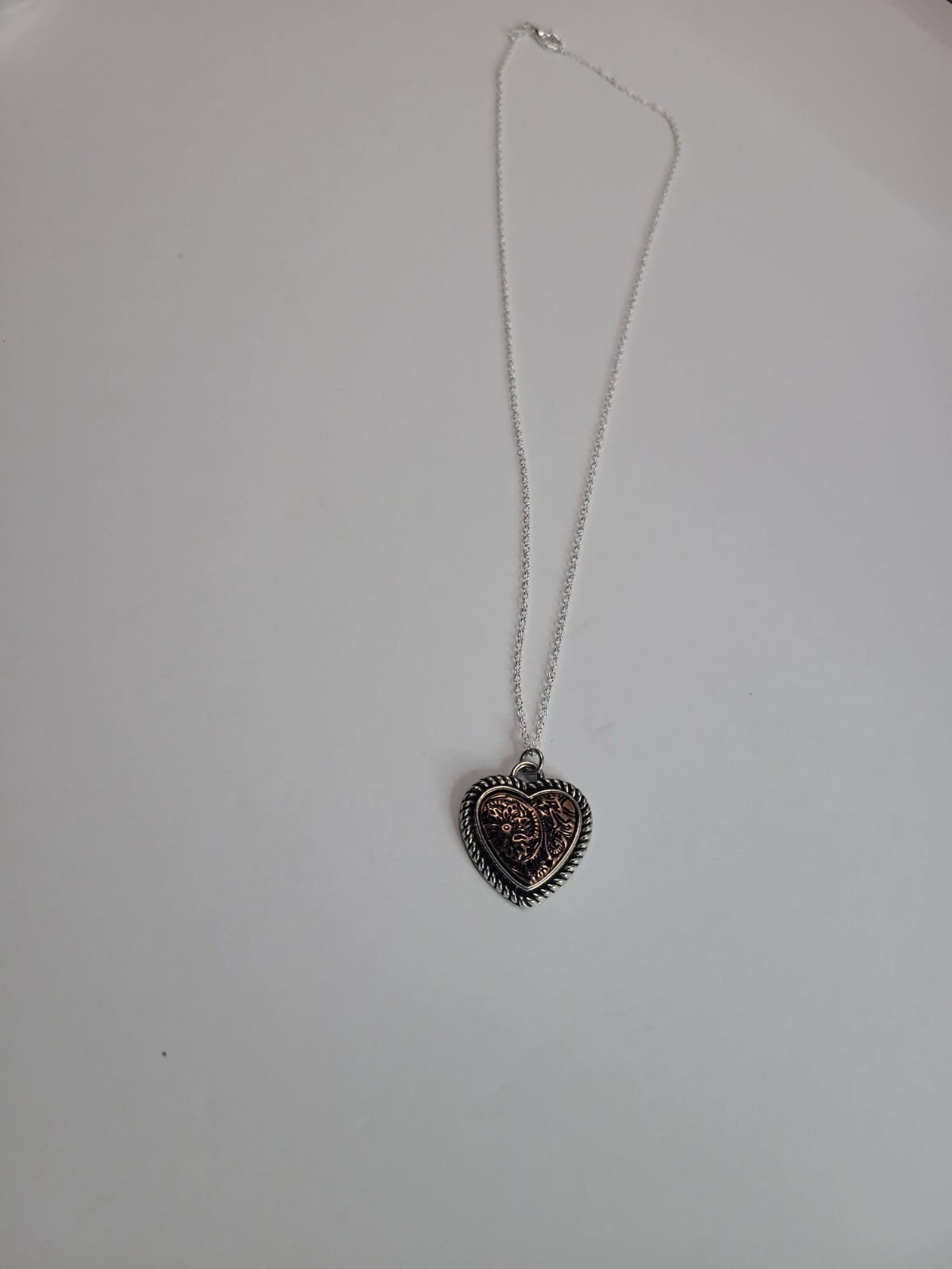 Western Heart Pendant Necklace Silver Tone Copper Floral Scroll Country Jewelry