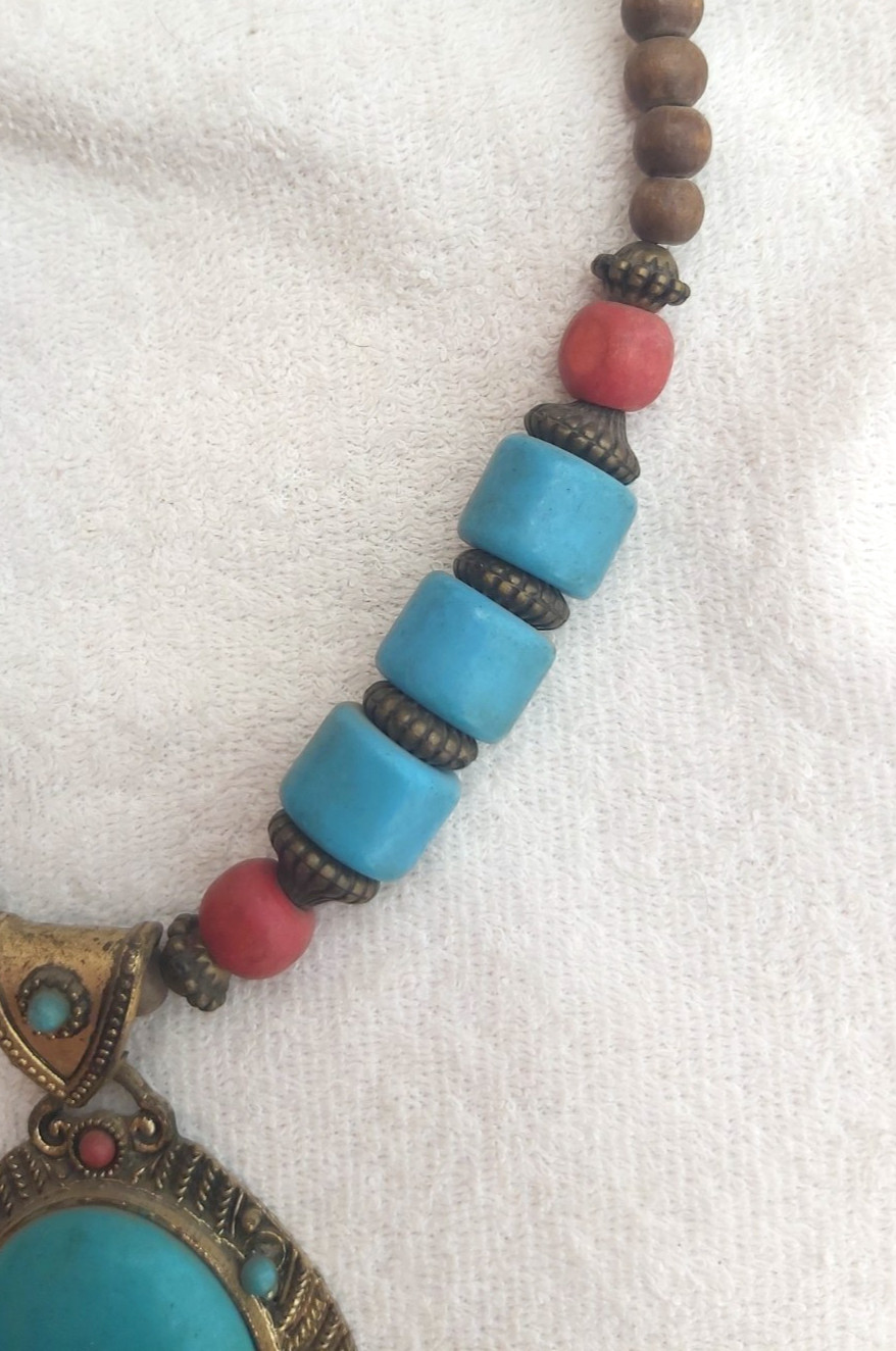 Vintage Berber Turquoise Pendant Necklace Ethnic Tribal Boho Statement Jewelry
