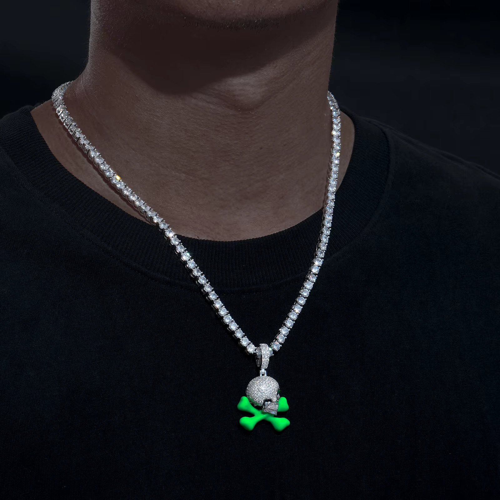 Glow in Dark Skull Crossbones Moissanite Pendant 925 Silver Iced Out Hip Hop