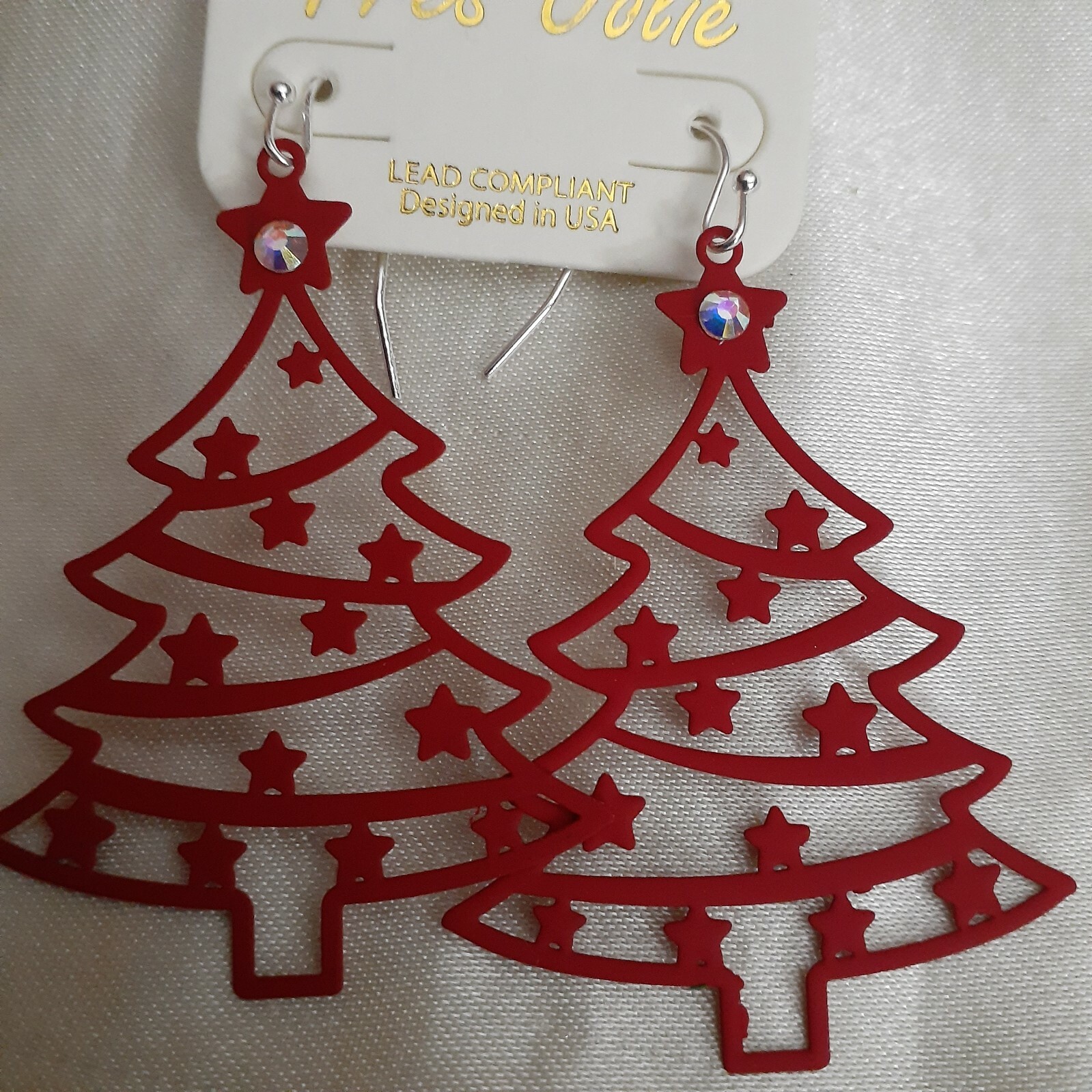 Holiday Tree Red Dangle Earrings Christmas AB Crystal Metal Cut Out Lightweight