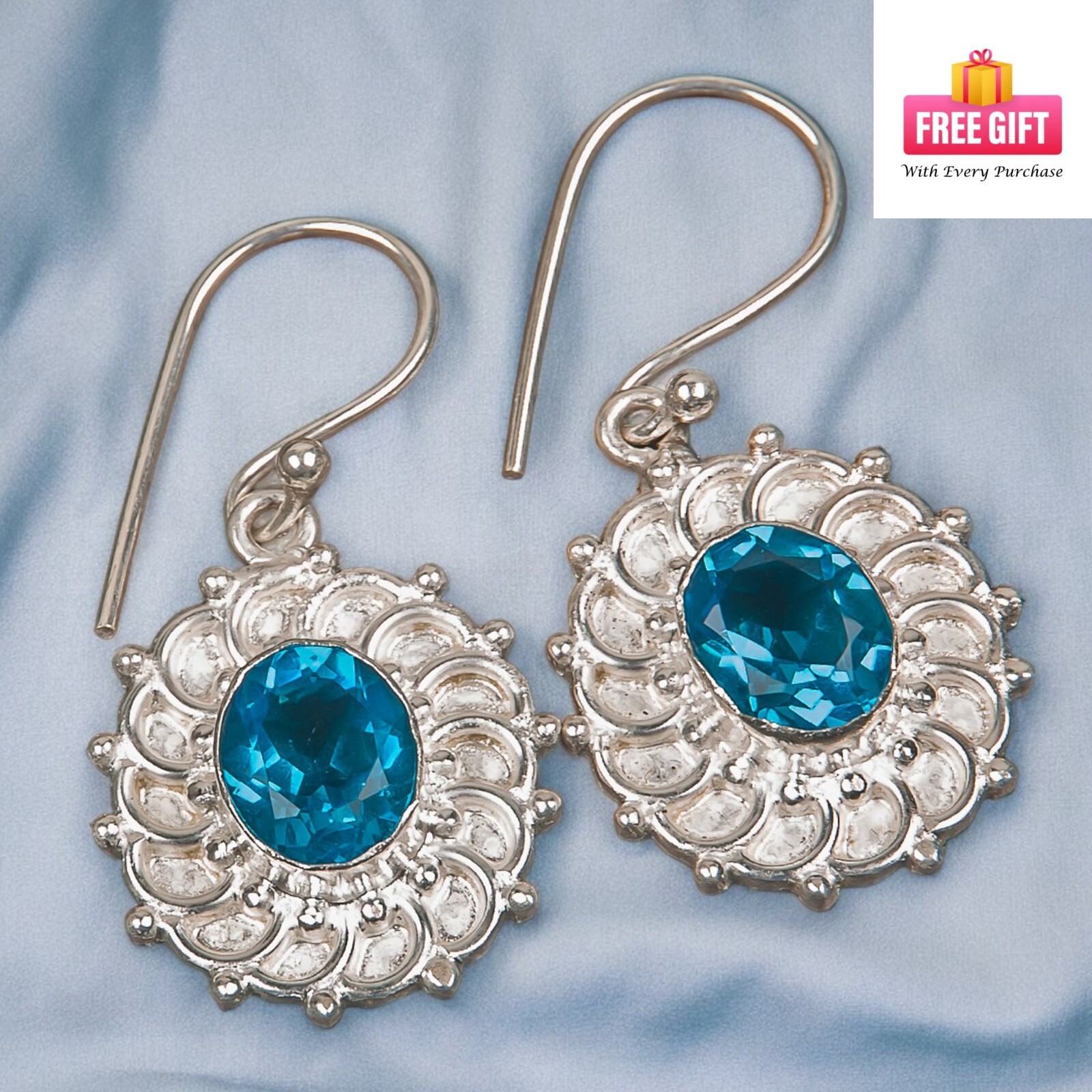 Natural Swiss Blue Topaz Gemstone Jewelry 925 Sterling Silver Dangle Earrings BH