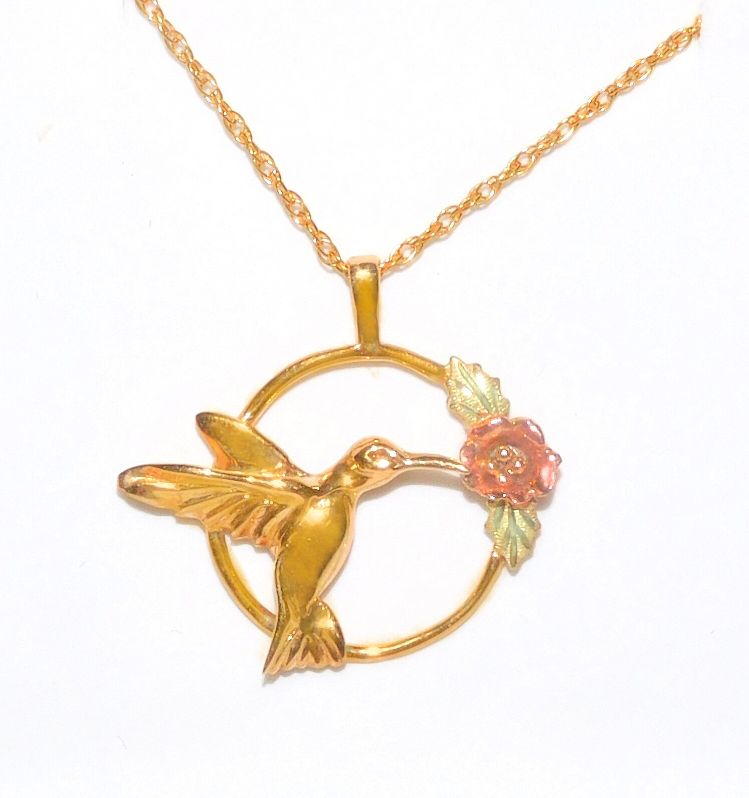 Black Hills Gold 10k Hummingbird Rose Pendant Necklace