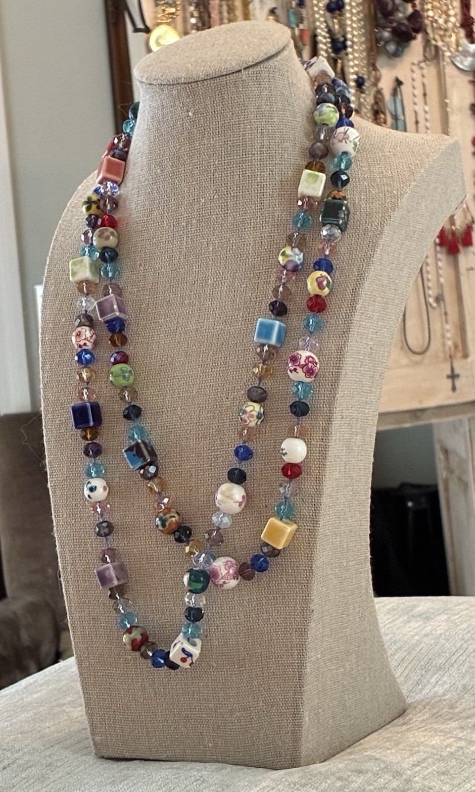 Necklace Colorful Mixed Media~Glass Beads,HandPainted Ceramic Sq/Rnd Beads 22”