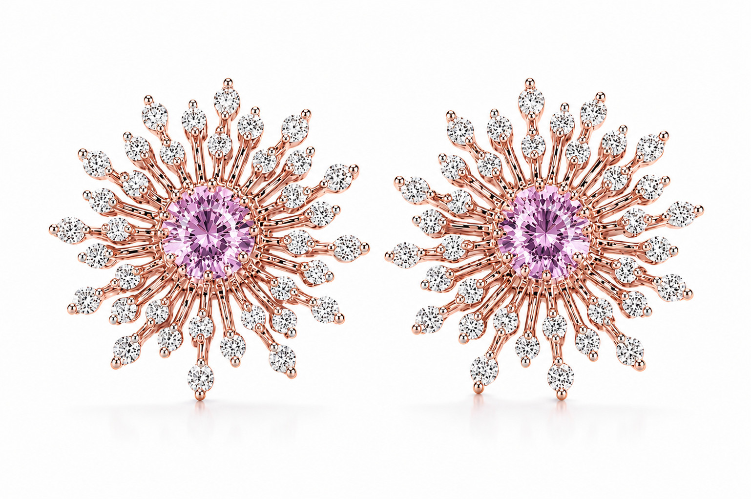 925 Sterling Silver Rose De France Pink Amethyst Moissanite Sunburst StudEarring