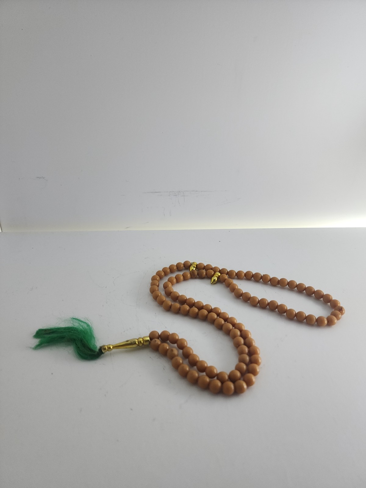 Brown Beige Beads Necklace Meditation Souvenir Green Tassel Gold Tone Charm