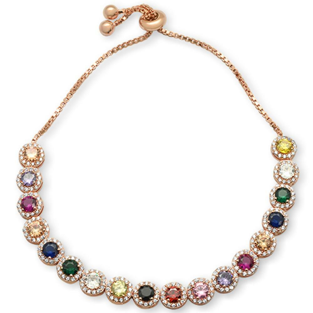 ROUND Rose gold plated Multicolor Gemstone CZ 925 Sterling Silver Bracelet 7-9″