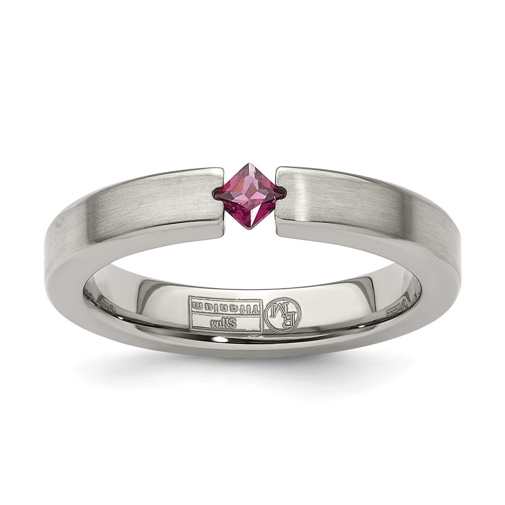 Titanium Tension-set Square Rhodolite Garnet Brushed 4mm Band Ring Size 7