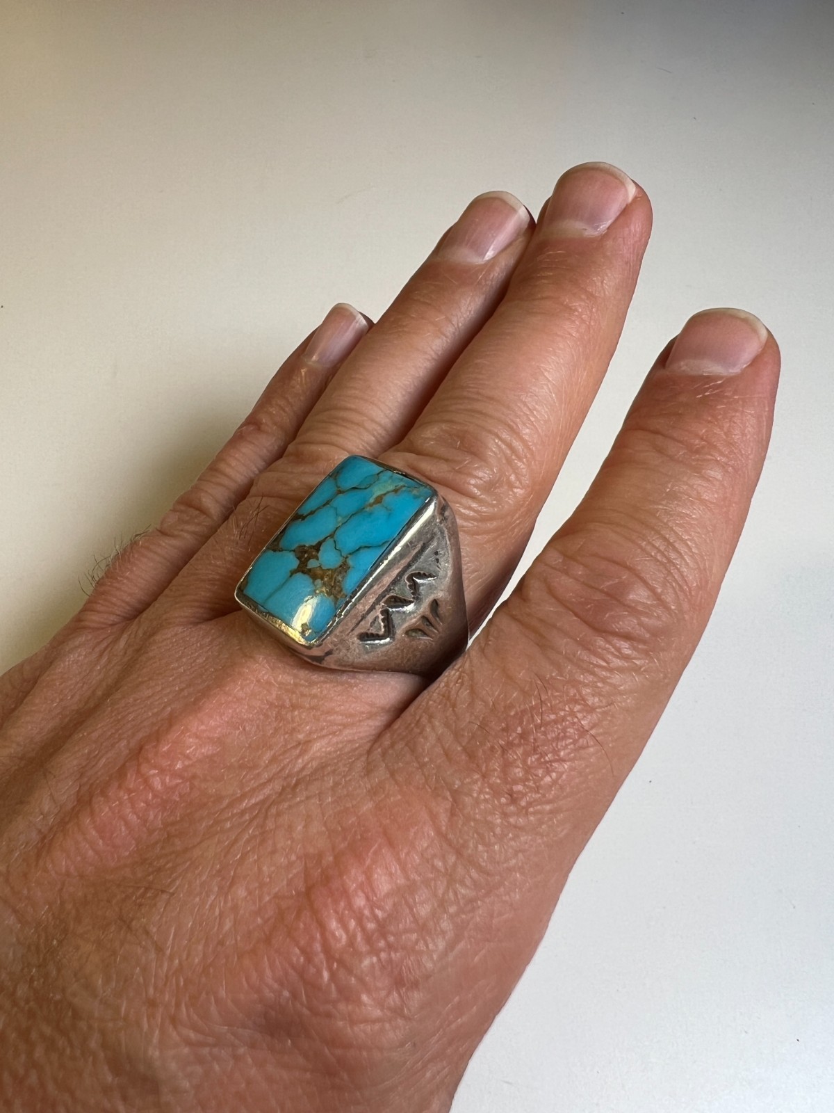 Vintage Navajo Sterling Silver & Large Rectangular Turquoise Cabochon Ring sz 11
