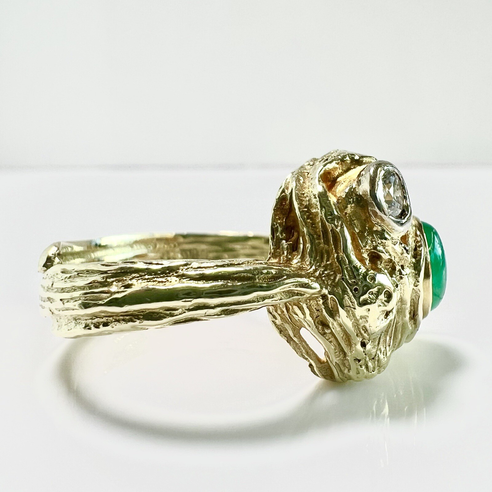 Designer Ring 585 Gold 0.12ct. Diamond Emerald Cabochon Size 54 / 17.2mm 8.65g