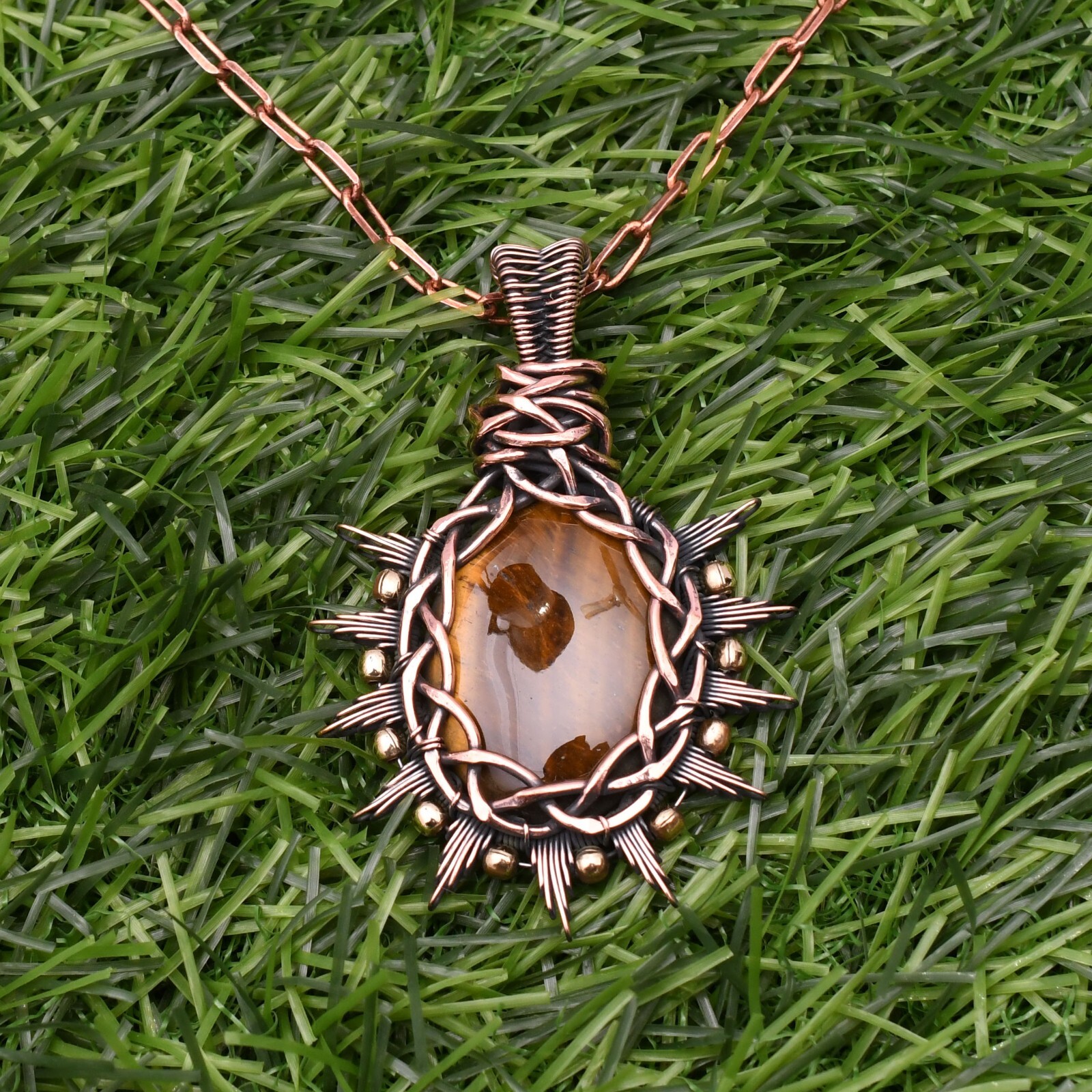 Tiger’s Eye Gemstone Copper Wire Wrap Handmade Jewelry Pendant 2.28″