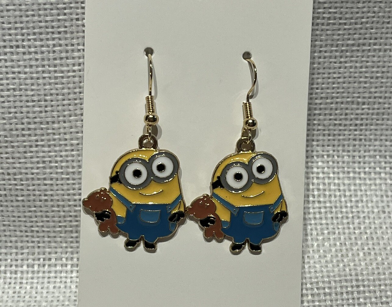 Cartoon Minion Teddy Bear Gold Loop Enamel Drop Dangle Adorable Earring Set