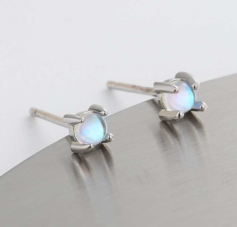 925 Sterling Silver Tiny Moonstone Opal Stud Post Earrings 5mm Gift F16