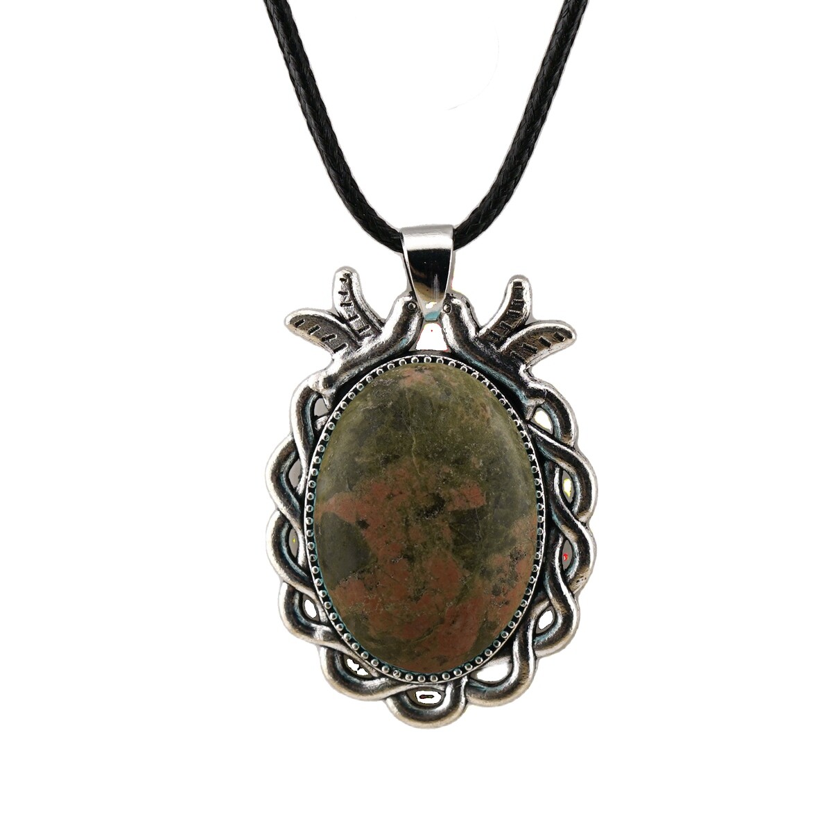 Natural Gemstone Oval Pendant with Lace and Bird Feather Wrapped Necklace
