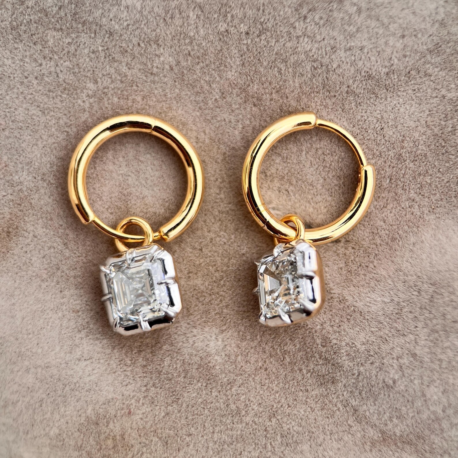 4CT Asscher Cut Moissanite Bezel & Prong Set Earrings 14K Multitone Gold Plated