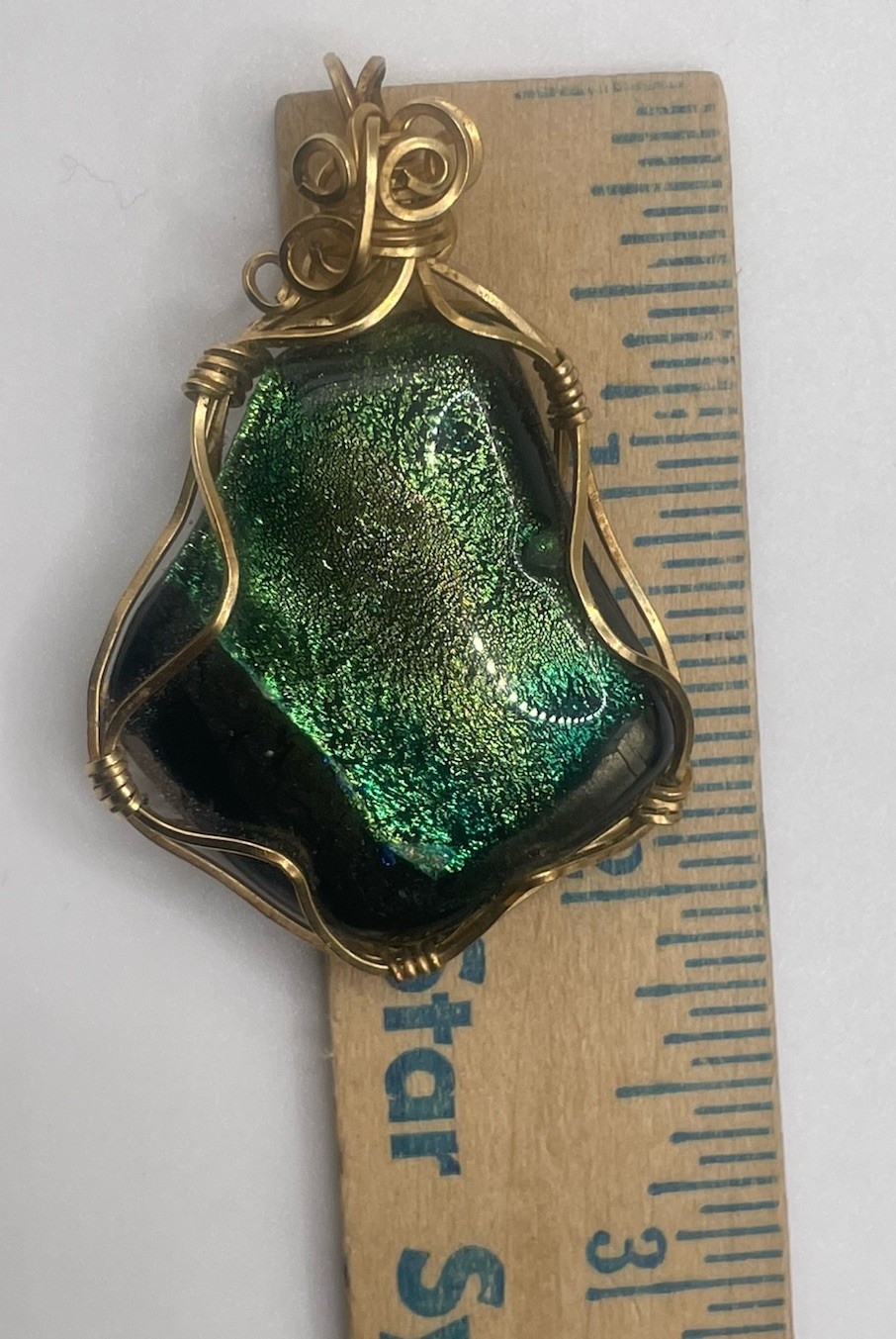 Blue Green Gold Dichroic Glass Pendant Handmade Gold Tone Wire Wrapped