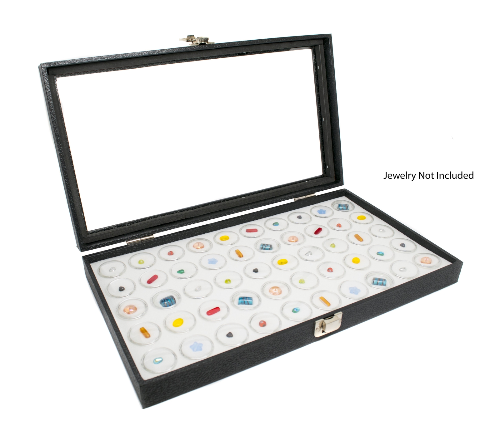 Glass Top Jewelry Display Case Box White 50 Gem Jars Insert