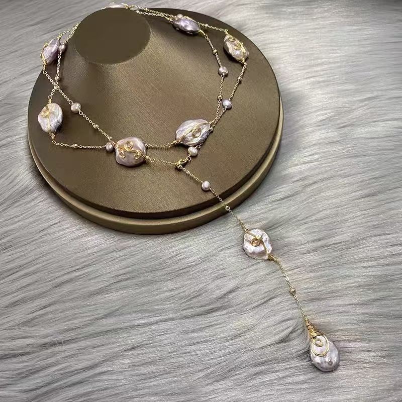 Cultured Baroque Irregular Pearl Blue Murano 14K Gold Chain Long Necklace
