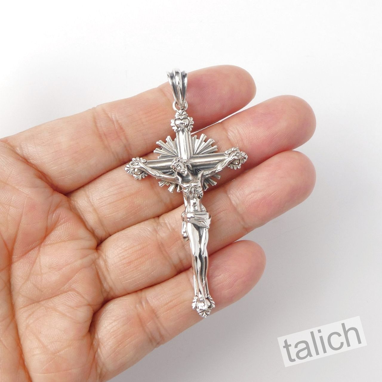 Solid 925 Sterling Silver Sacret Heart Jesus Crucifix Cross Pendant Men Unisex