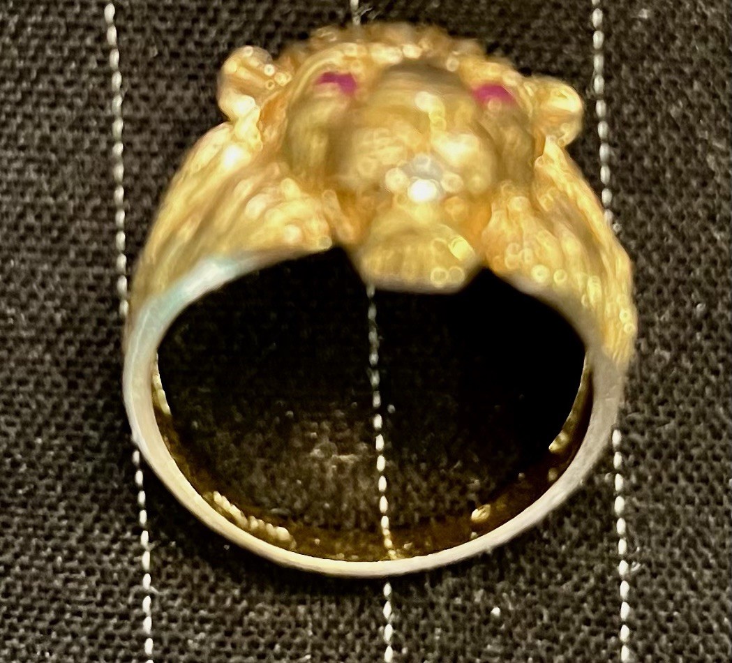 10k Solid Gold Man Ruby Eyes Diamond On The Mouth Size 9 Or 19mm Excellent C.