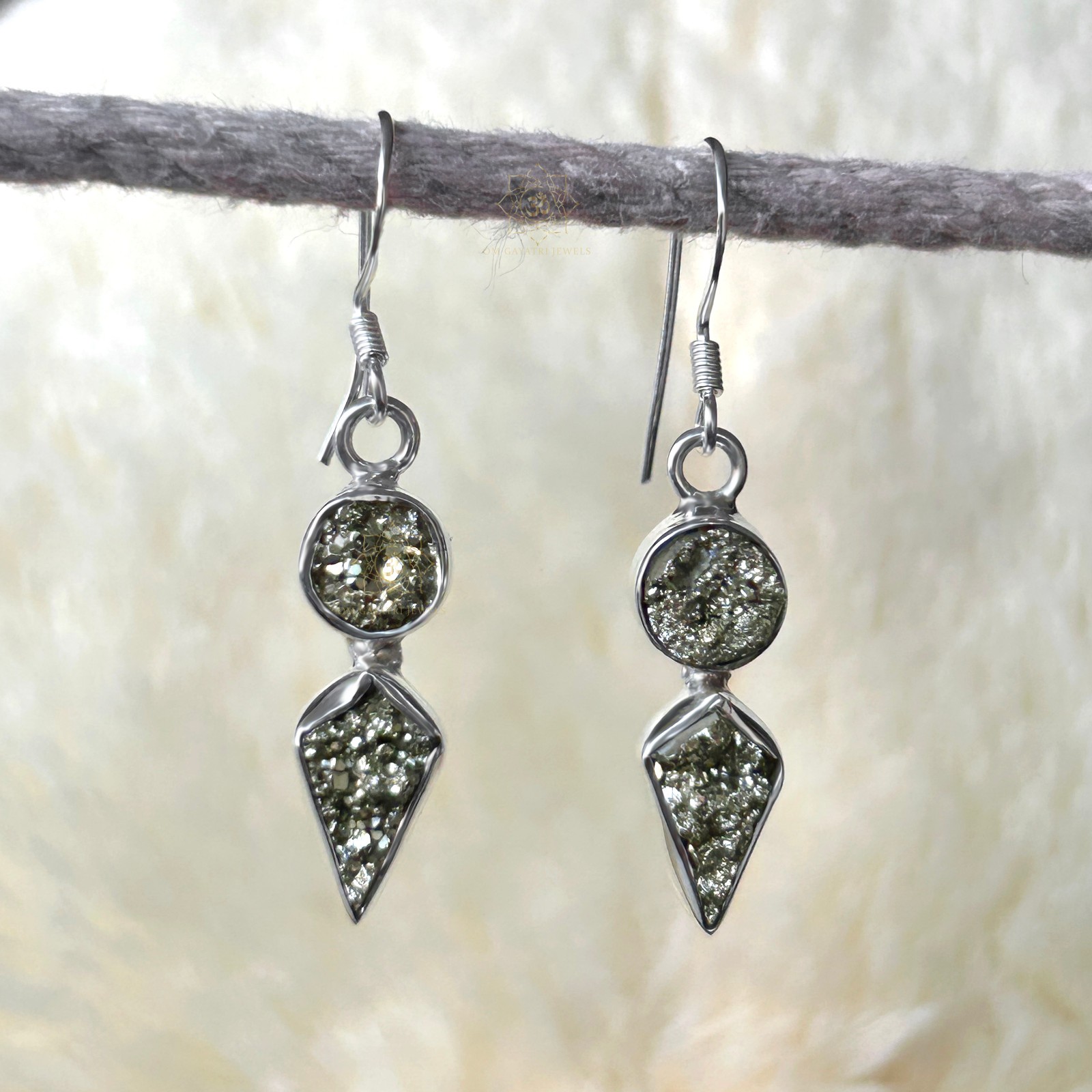 Natural Pyrite Earrings 925 Streling Silver Kite And Round Dangle Earrings