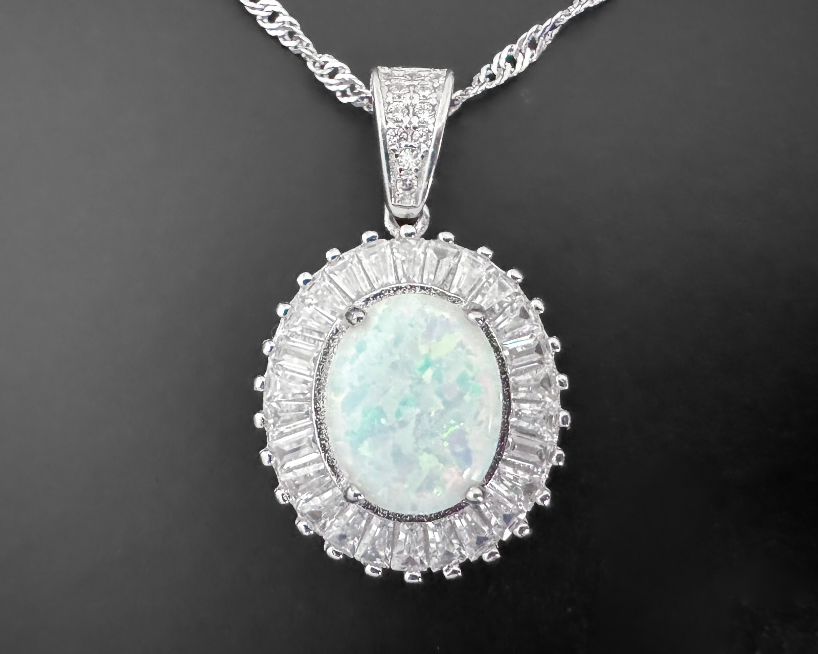 5g FUZION CREATIONS FZN Lab-Created Opal White CZ Halo Sterling Silver Necklace