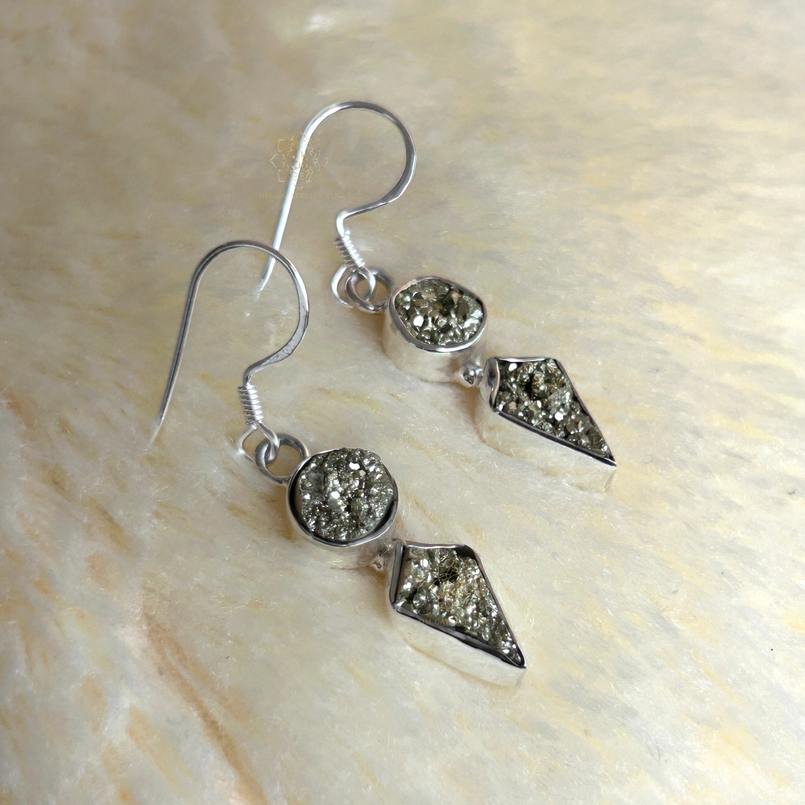 Natural Pyrite Earrings 925 Streling Silver Kite And Round Dangle Earrings