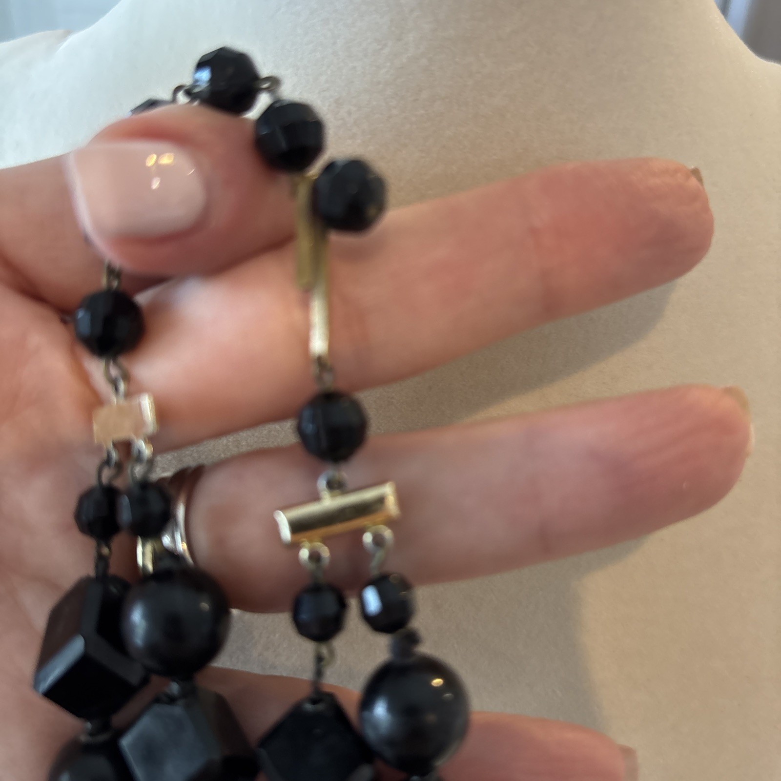 Vtg Art Deco Jet Black Chunky Resin Bead 2 Strand Geometric Cube Necklace F18