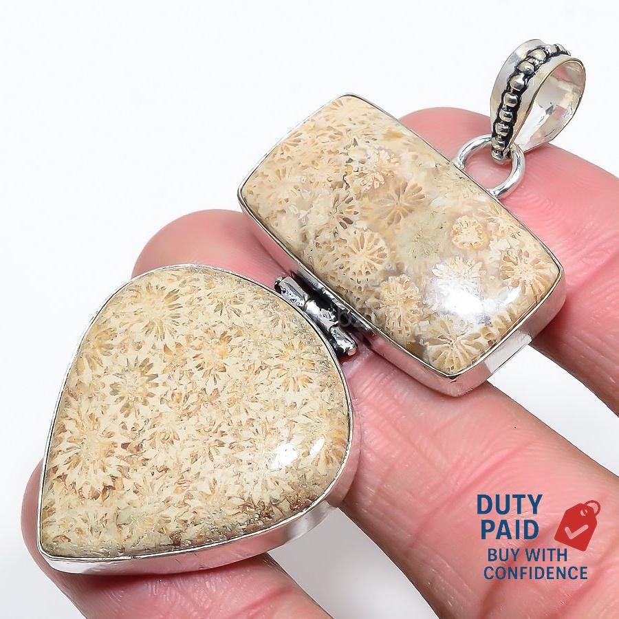 Natural fossil coral Root Chakra Art Deco Mother Channel Set Pendant 925 Silver