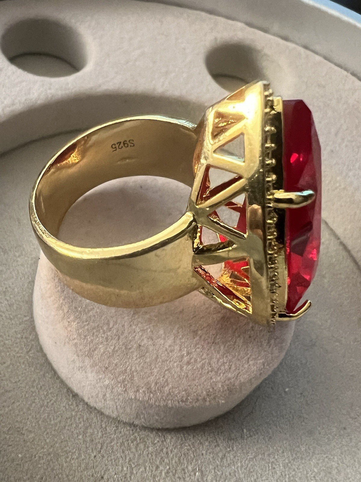 8 Size Stamped 925 Gold Tone Big Red Crystal Ring