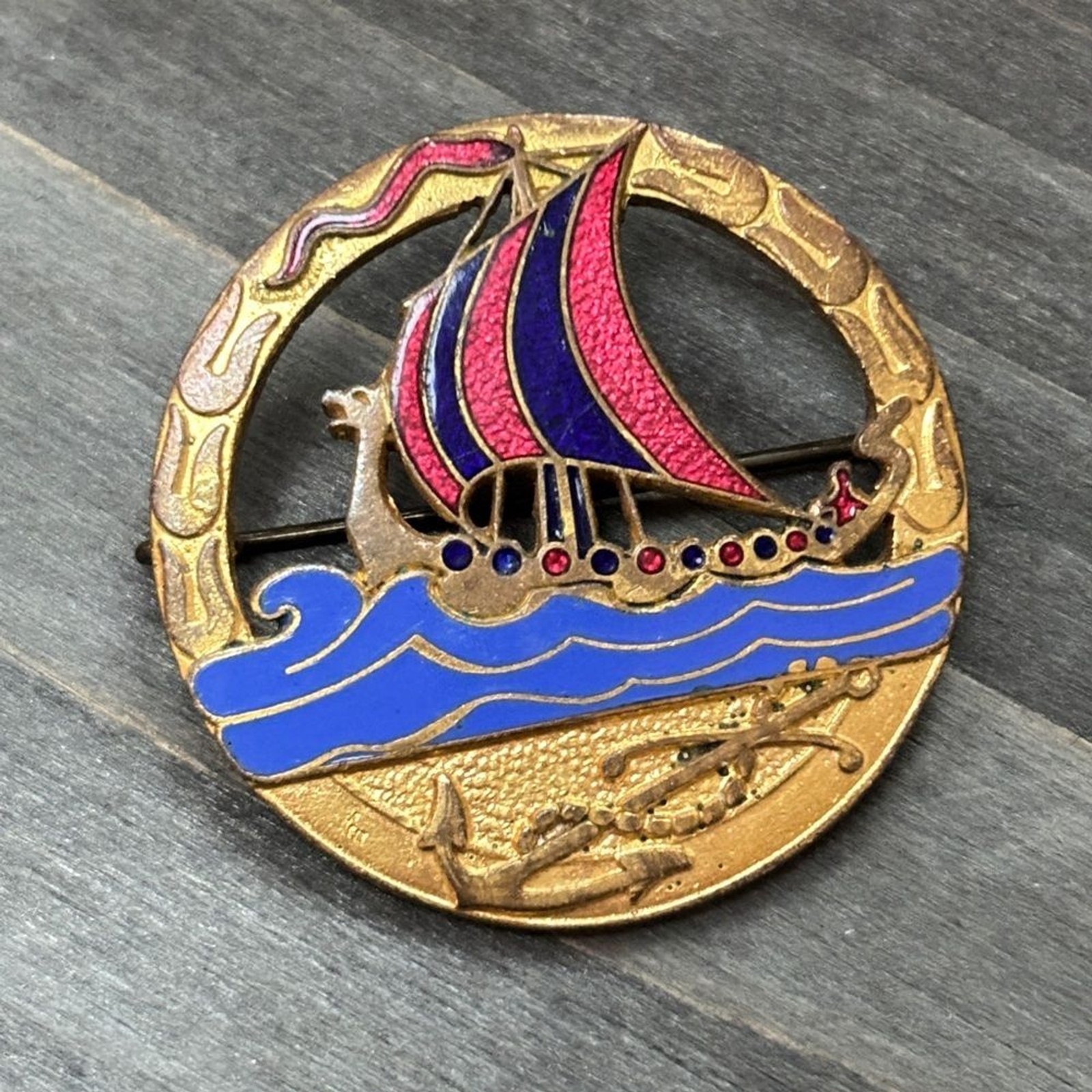 Vintage Lagerströms Mjölby Viking Ship Brooch with Pink and Blue Accents